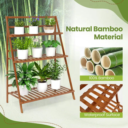 3-Tier Bamboo Ladder Shelf Foldable Plant Flower Bookshelf-Brown - Brown - Plant Stands