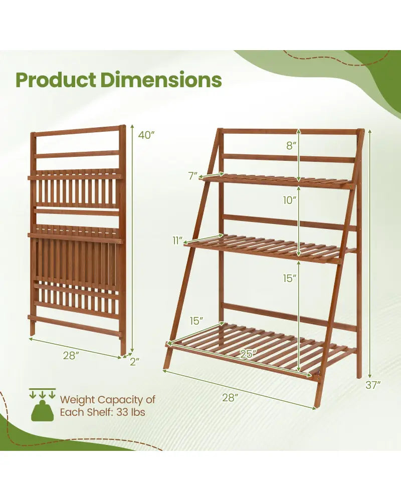 3-Tier Bamboo Ladder Shelf Foldable Plant Flower Bookshelf-Brown - Brown - Plant Stands
