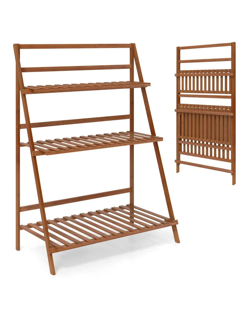 3-Tier Bamboo Ladder Shelf Foldable Plant Flower Bookshelf-Brown - Brown - Plant Stands