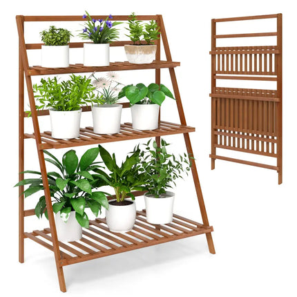 3-Tier Bamboo Ladder Shelf Foldable Plant Flower Bookshelf-Brown - Brown - Plant Stands