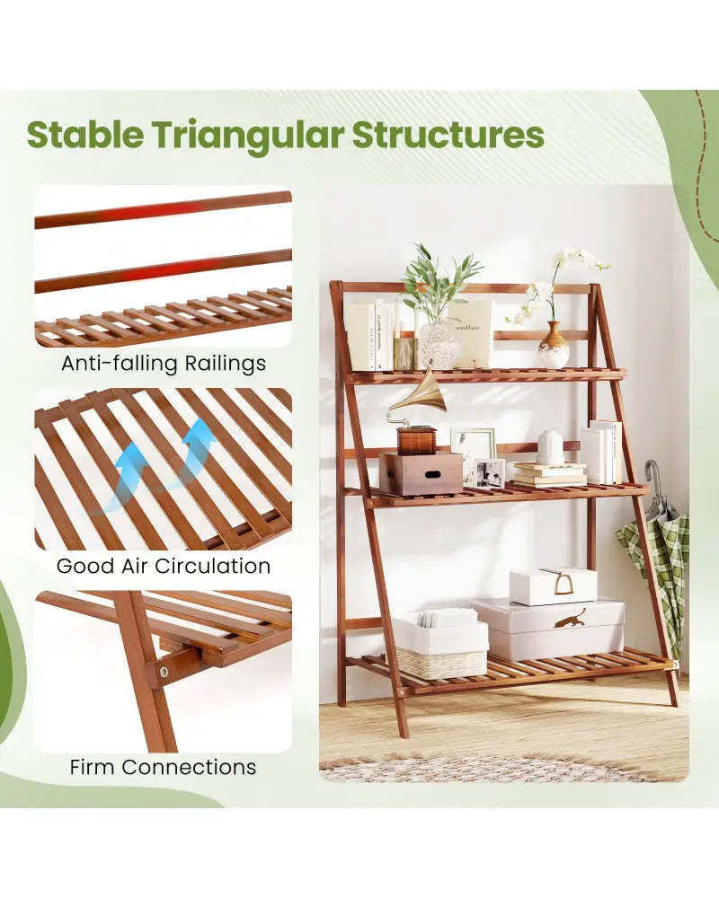 3-Tier Bamboo Ladder Shelf Foldable Plant Flower Bookshelf-Brown - Brown - Plant Stands