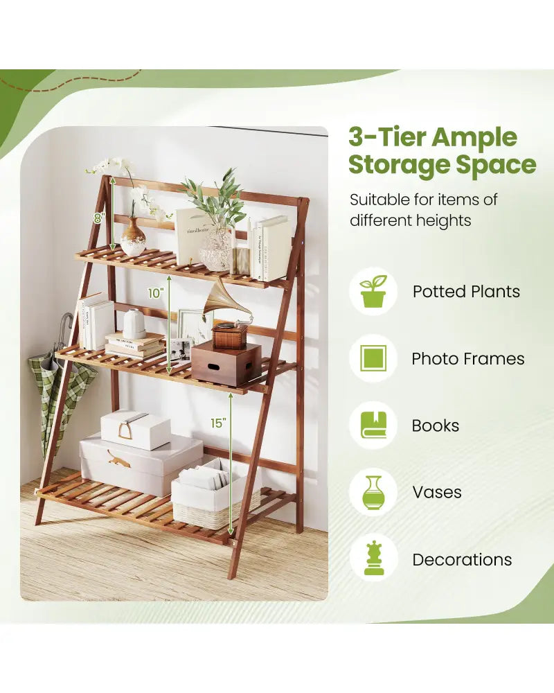 3-Tier Bamboo Ladder Shelf Foldable Plant Flower Bookshelf-Brown - Brown - Plant Stands