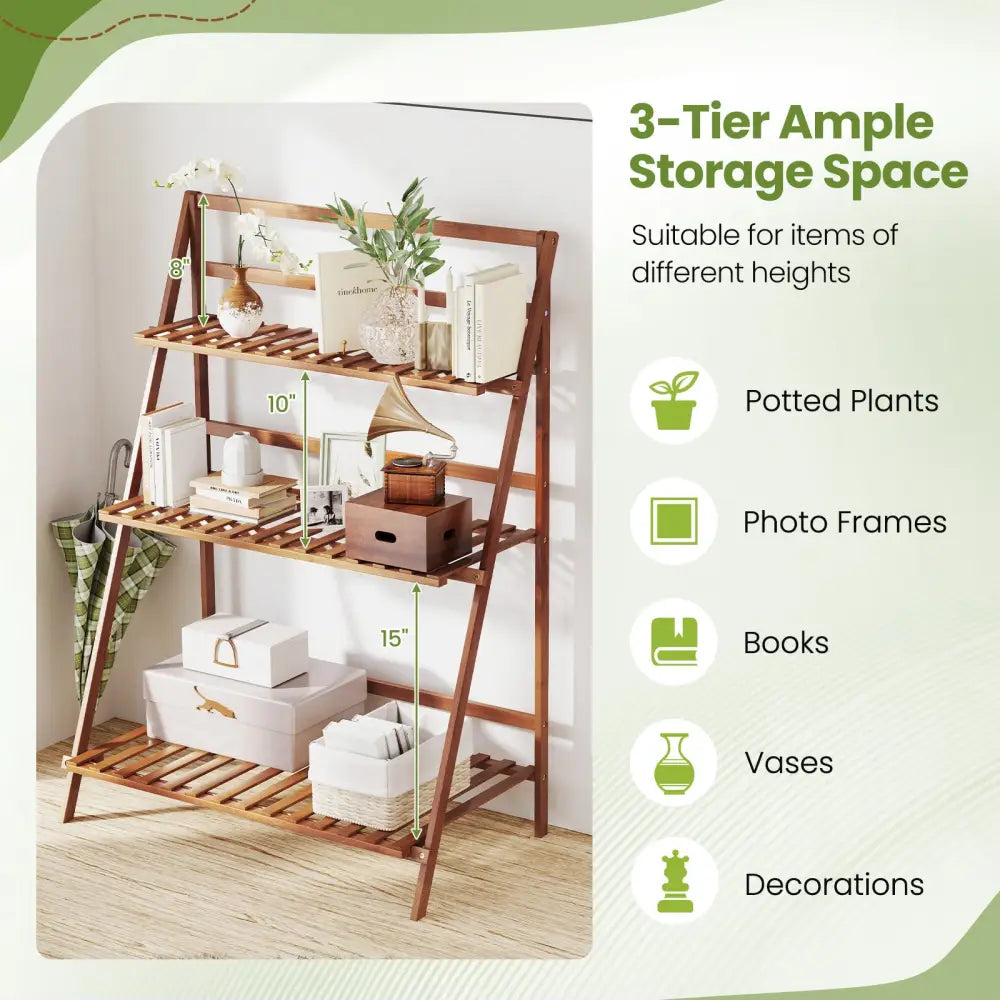 3-Tier Bamboo Ladder Shelf Foldable Plant Flower Bookshelf-Brown - Brown - Plant Stands