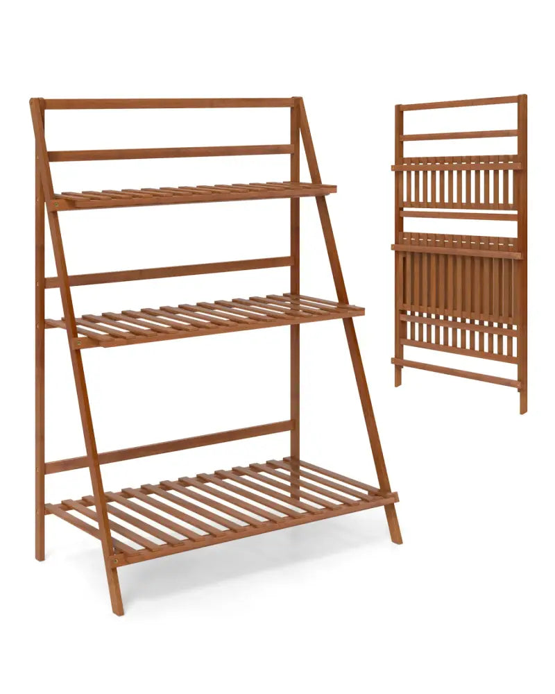 3-Tier Bamboo Ladder Shelf Foldable Plant Flower Bookshelf-Brown - Brown - Plant Stands