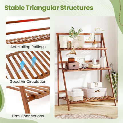 3-Tier Bamboo Ladder Shelf Foldable Plant Flower Bookshelf-Brown - Brown - Plant Stands