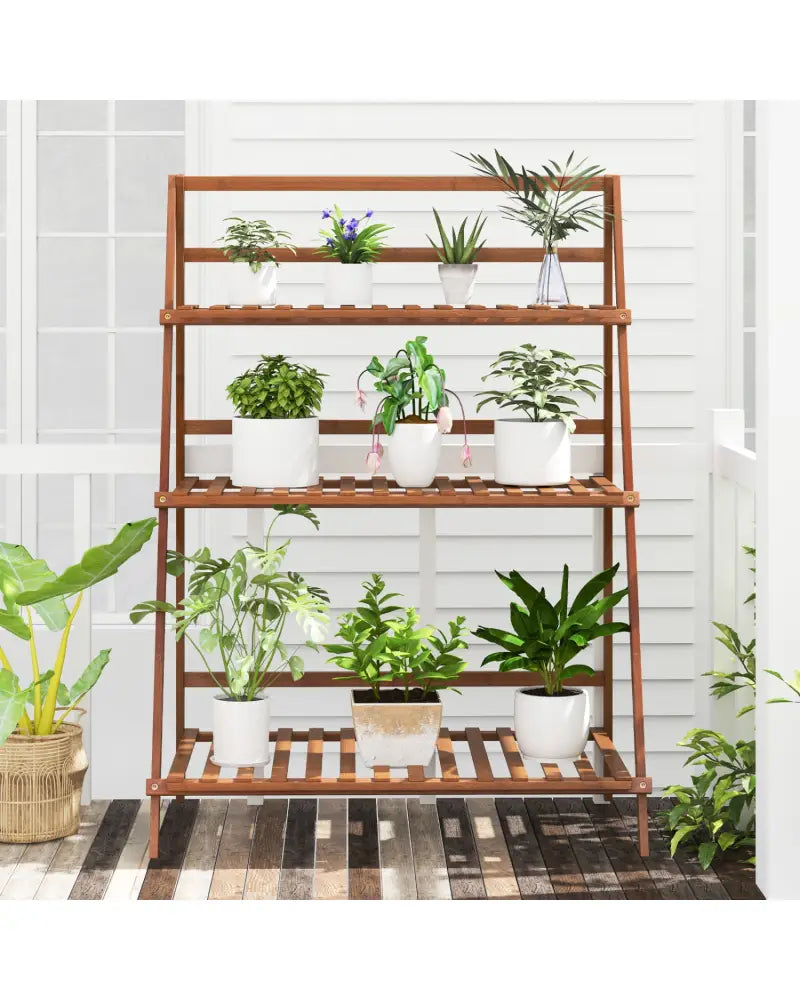 3-Tier Bamboo Ladder Shelf Foldable Plant Flower Bookshelf-Brown - Brown - Plant Stands