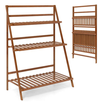 3-Tier Bamboo Ladder Shelf Foldable Plant Flower Bookshelf-Brown - Brown - Plant Stands