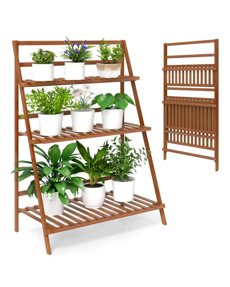 3-Tier Bamboo Ladder Shelf Foldable Plant Flower Bookshelf-Brown - Brown - Plant Stands