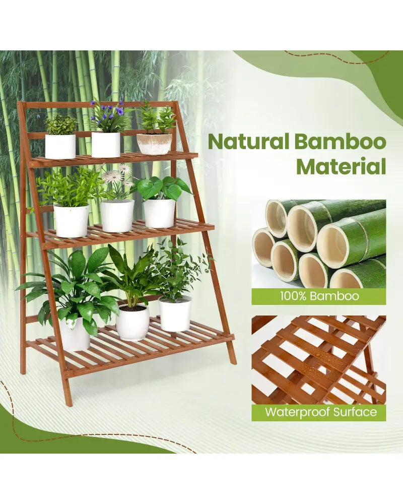 3-Tier Bamboo Ladder Shelf Foldable Plant Flower Bookshelf-Brown - Brown - Plant Stands