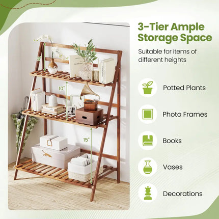 3-Tier Bamboo Ladder Shelf Foldable Plant Flower Bookshelf-Brown - Brown - Plant Stands