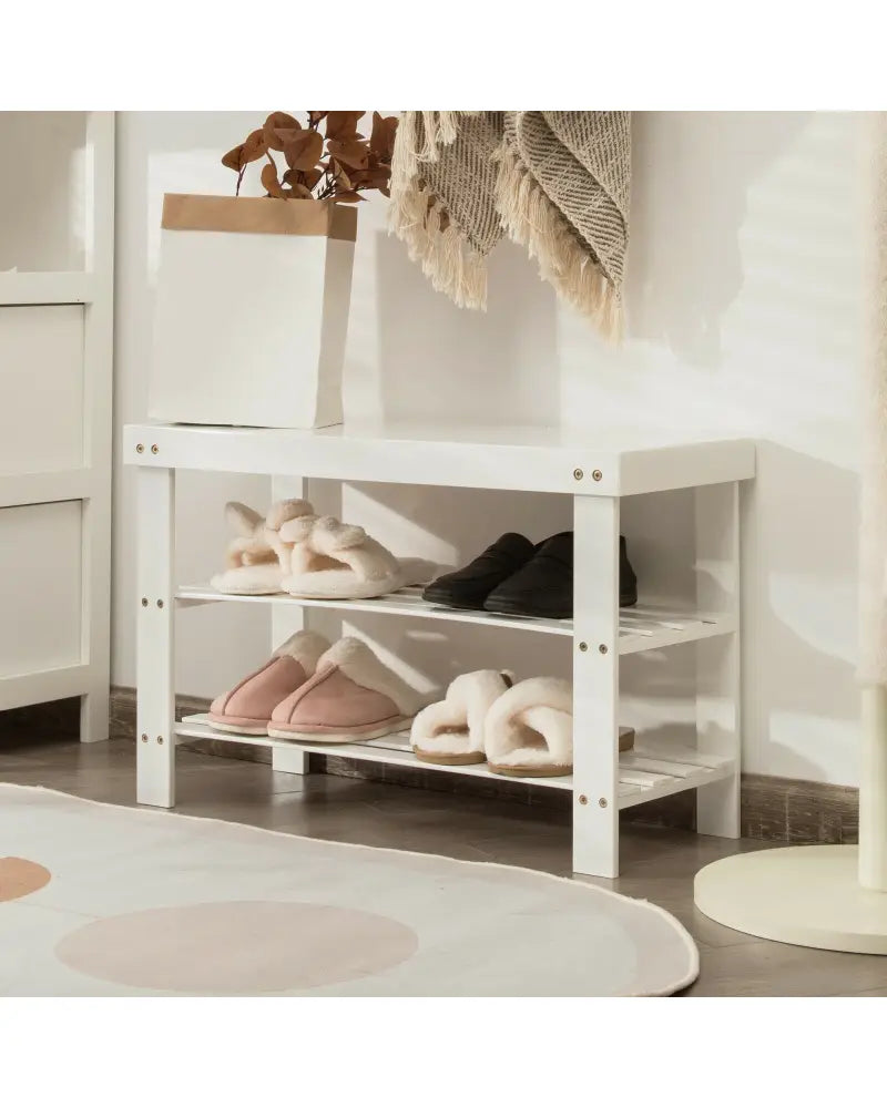 3-Tier Bamboo Shoe Bench Holds up to 6 Pairs for Entry-White - White - Shoe Racks & Storage Benches