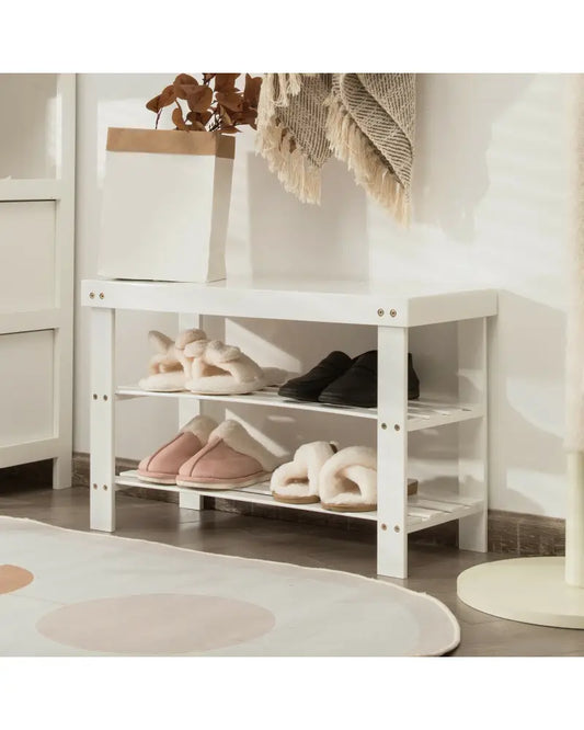 3-Tier Bamboo Shoe Bench Holds up to 6 Pairs for Entry-White - White - Shoe Racks & Storage Benches