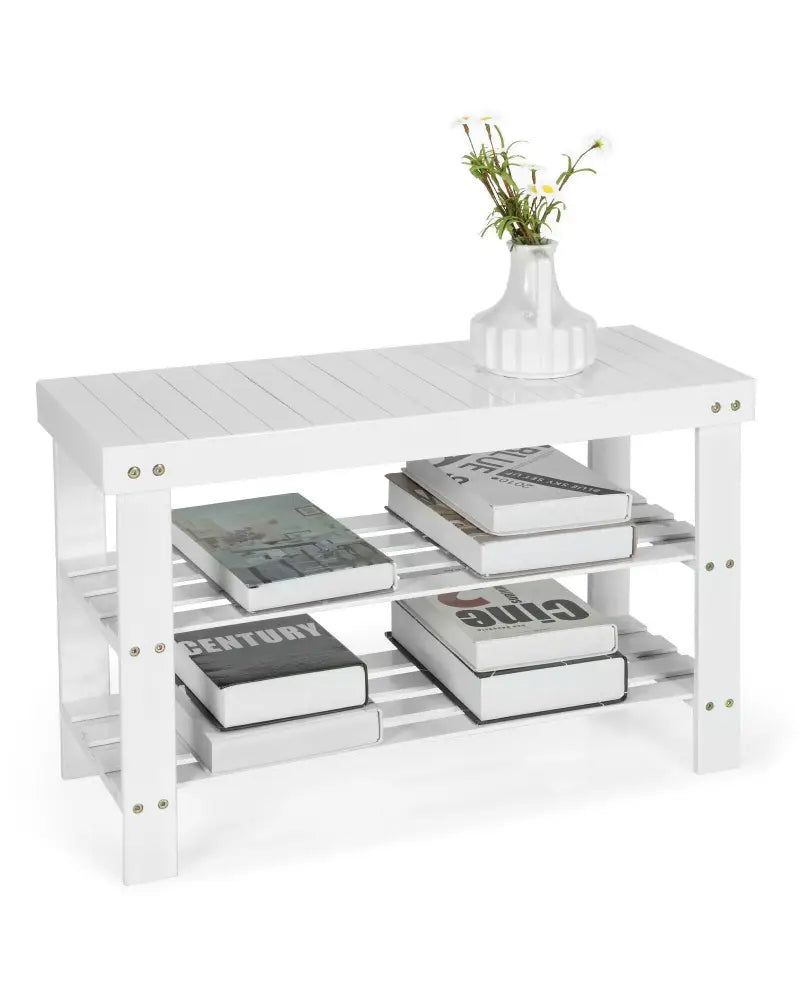 3-Tier Bamboo Shoe Bench Holds up to 6 Pairs for Entry-White - White - Shoe Racks & Storage Benches