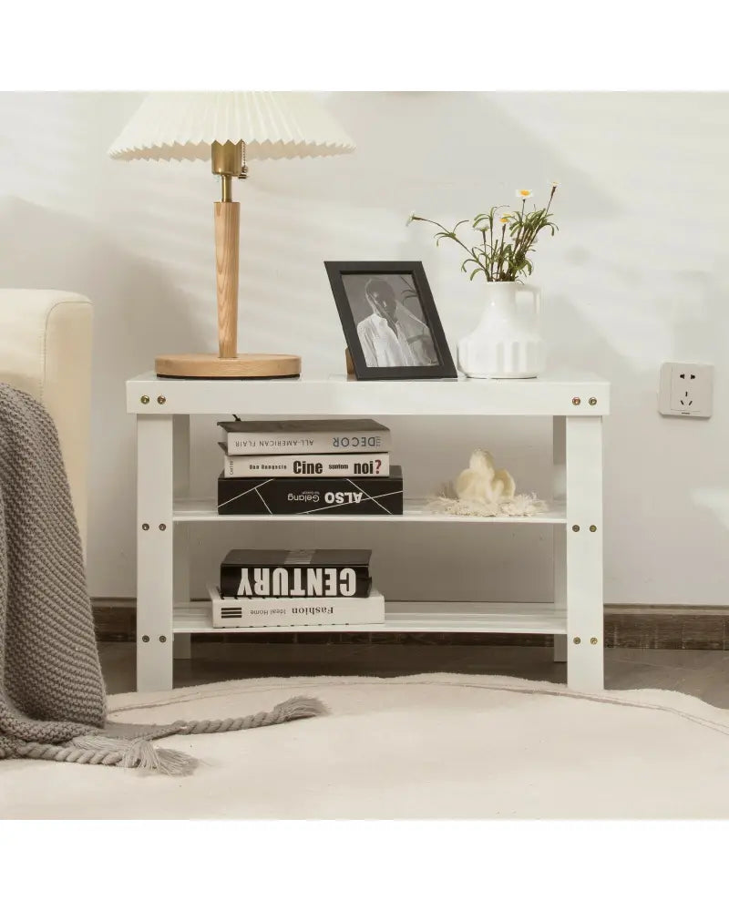 3-Tier Bamboo Shoe Bench Holds up to 6 Pairs for Entry-White - White - Shoe Racks & Storage Benches