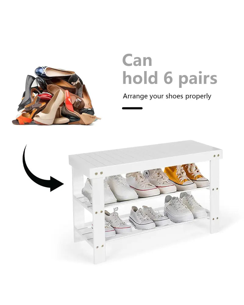 3-Tier Bamboo Shoe Bench Holds up to 6 Pairs for Entry-White - White - Shoe Racks & Storage Benches