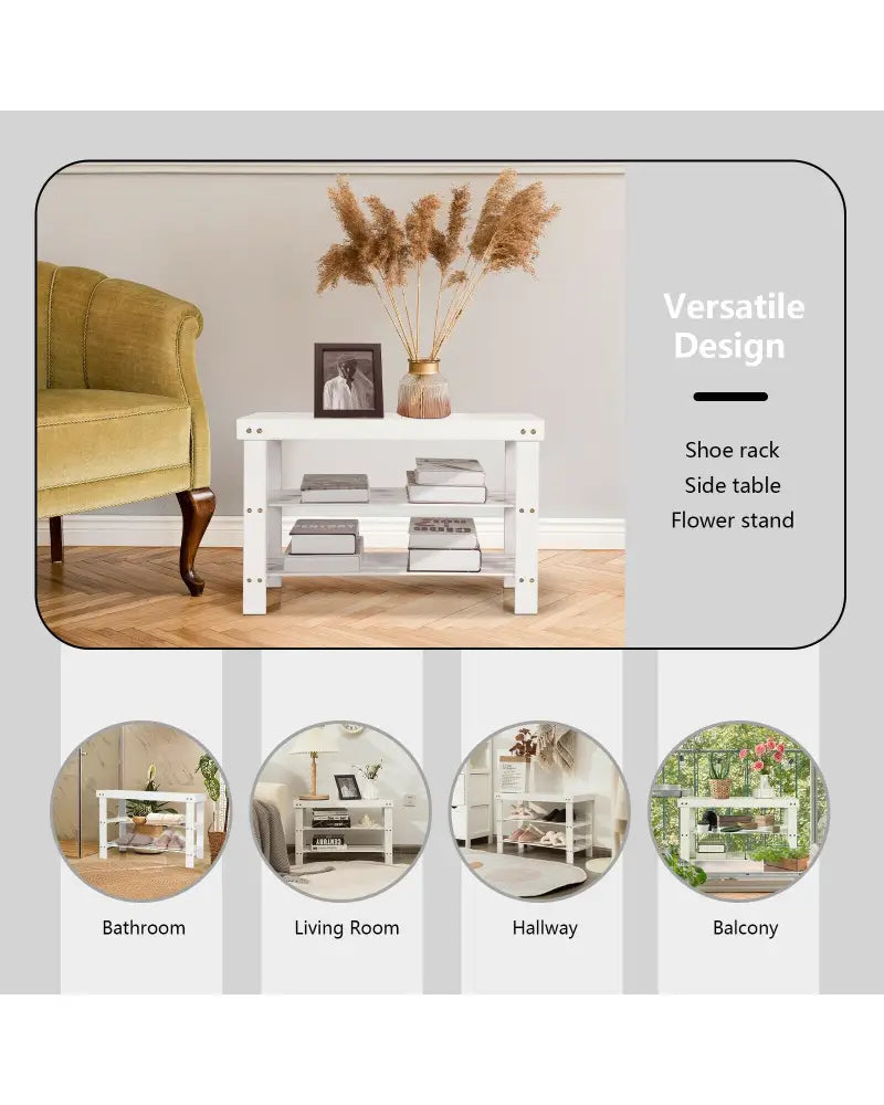 3-Tier Bamboo Shoe Bench Holds up to 6 Pairs for Entry-White - White - Shoe Racks & Storage Benches