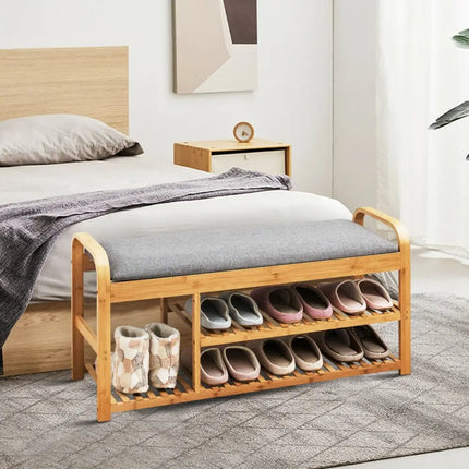 3-Tier Bamboo Shoe Rack Bench with Cushion-Natural - Natural - Shoe Racks & Storage Benches