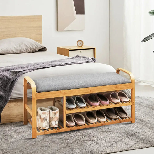 3-Tier Bamboo Shoe Rack Bench with Cushion-Natural - Natural - Shoe Racks & Storage Benches
