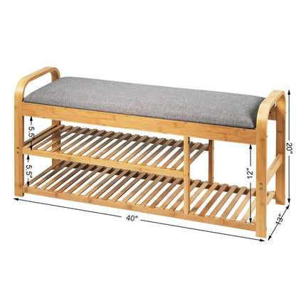 3-Tier Bamboo Shoe Rack Bench with Cushion-Natural - Natural - Shoe Racks & Storage Benches
