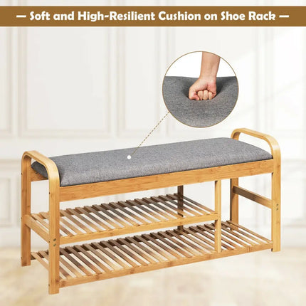3-Tier Bamboo Shoe Rack Bench with Cushion-Natural - Natural - Shoe Racks & Storage Benches