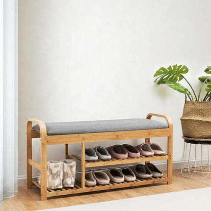 3-Tier Bamboo Shoe Rack Bench with Cushion-Natural - Natural - Shoe Racks & Storage Benches