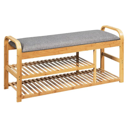 3-Tier Bamboo Shoe Rack Bench with Cushion-Natural - Natural - Shoe Racks & Storage Benches