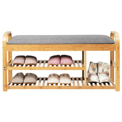 3-Tier Bamboo Shoe Rack Bench with Cushion-Natural - Natural - Shoe Racks & Storage Benches