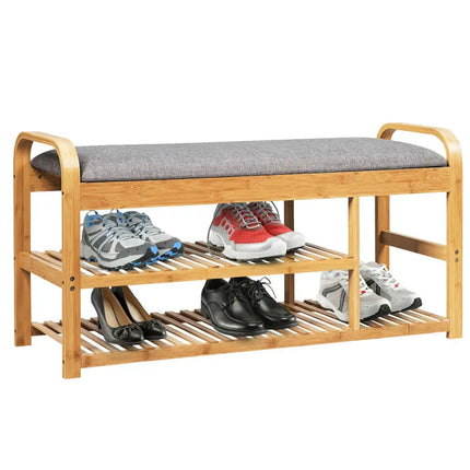 3-Tier Bamboo Shoe Rack Bench with Cushion-Natural - Natural - Shoe Racks & Storage Benches