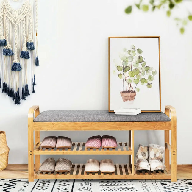 3-Tier Bamboo Shoe Rack Bench with Cushion-Natural - Natural - Shoe Racks & Storage Benches