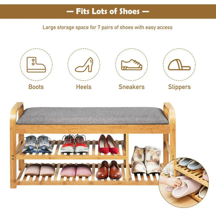 3-Tier Bamboo Shoe Rack Bench with Cushion-Natural - Natural - Shoe Racks & Storage Benches