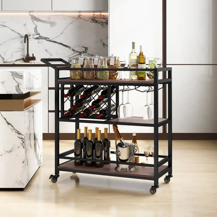 3-tier Bar Cart on Wheels Home Kitchen Serving Cart with Wine Rack and Glasses Holder-Brown Costway
