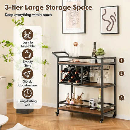 3-tier Bar Cart on Wheels Home Kitchen Serving Cart with Wine Rack and Glasses Holder-Brown Costway