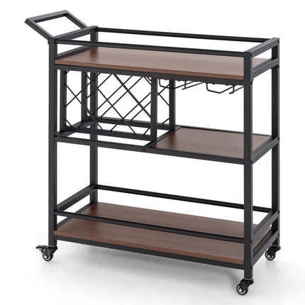 3-tier Bar Cart on Wheels Home Kitchen Serving Cart with Wine Rack and Glasses Holder-Brown Costway