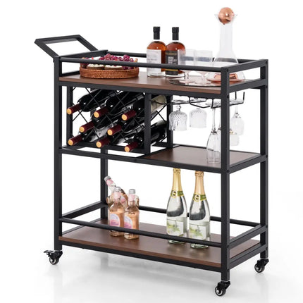 3-tier Bar Cart on Wheels Home Kitchen Serving Cart with Wine Rack and Glasses Holder-Brown Costway