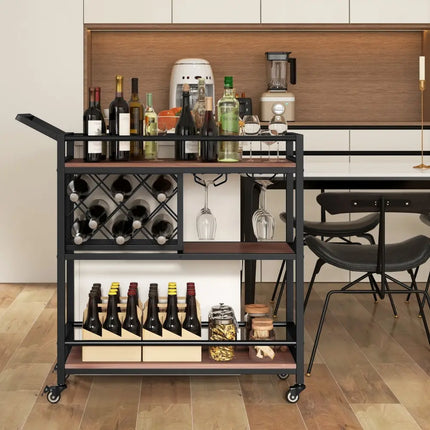 3-tier Bar Cart on Wheels Home Kitchen Serving Cart with Wine Rack and Glasses Holder-Brown Costway