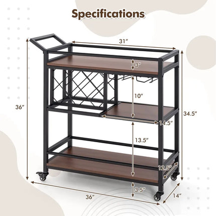 3-tier Bar Cart on Wheels Home Kitchen Serving Cart with Wine Rack and Glasses Holder-Brown Costway