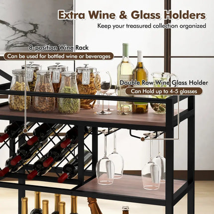 3-tier Bar Cart on Wheels Home Kitchen Serving Cart with Wine Rack and Glasses Holder-Brown Costway