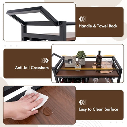 3-tier Bar Cart on Wheels Home Kitchen Serving Cart with Wine Rack and Glasses Holder-Brown Costway