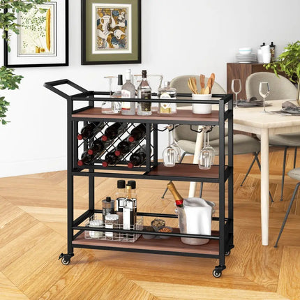 3-tier Bar Cart on Wheels Home Kitchen Serving Cart with Wine Rack and Glasses Holder-Brown Costway