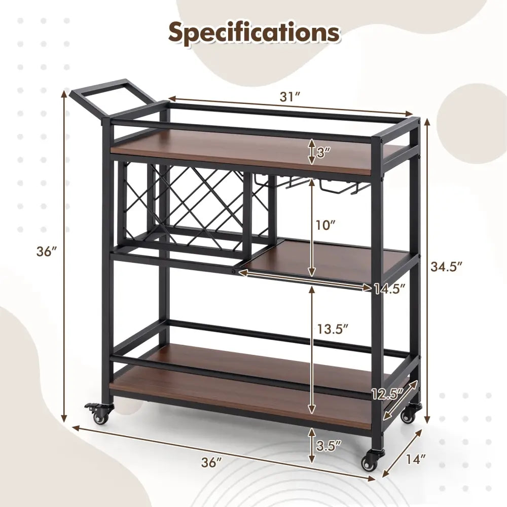 3-tier Bar Cart on Wheels Home Kitchen Serving Cart with Wine Rack and Glasses Holder-Brown - Brown - Kitchen Islands &