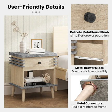 3-Tier Bedside Table Nightstand with Antique Grey Faux Marble Top-Grey Costway