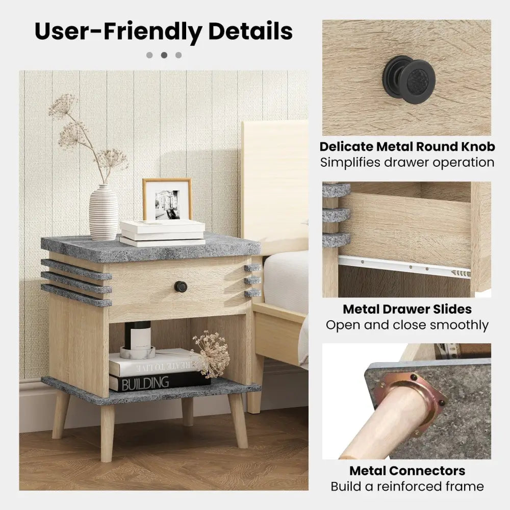 3-Tier Bedside Table Nightstand with Antique Grey Faux Marble Top-Grey Costway