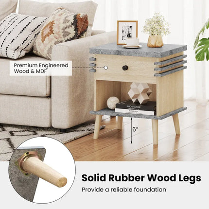 3-Tier Bedside Table Nightstand with Antique Grey Faux Marble Top-Grey Costway