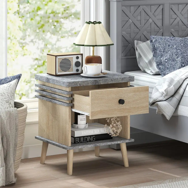 3-Tier Bedside Table Nightstand with Antique Grey Faux Marble Top-Grey Costway
