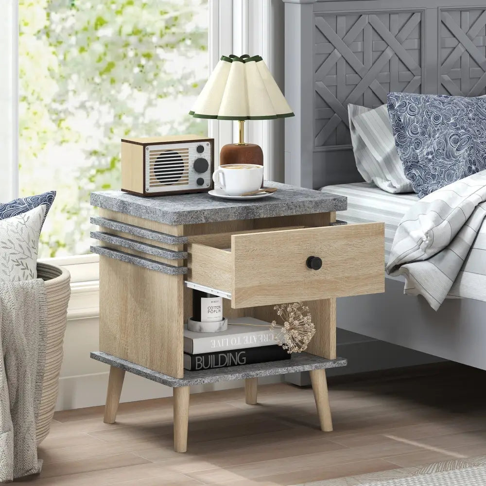3-Tier Bedside Table Nightstand with Antique Grey Faux Marble Top-Grey Costway