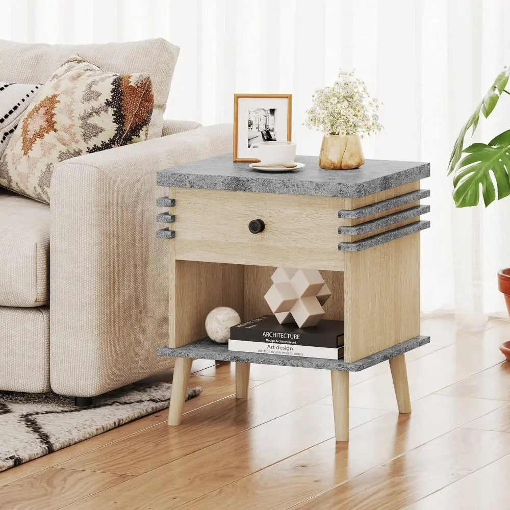 3-Tier Bedside Table Nightstand with Antique Grey Faux Marble Top-Grey Costway
