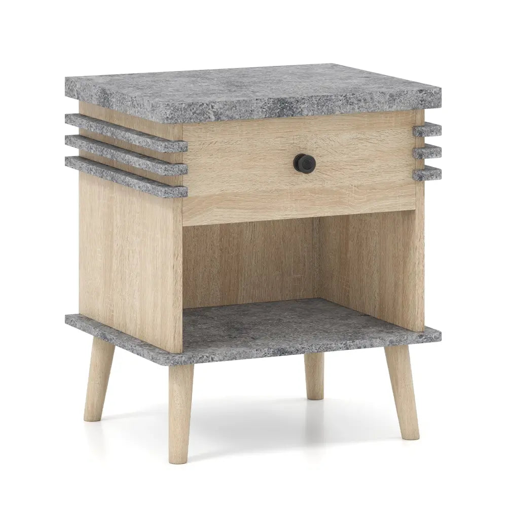 3-Tier Bedside Table Nightstand with Antique Grey Faux Marble Top-Grey Costway