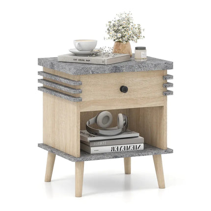 3-Tier Bedside Table Nightstand with Antique Grey Faux Marble Top-Grey Costway