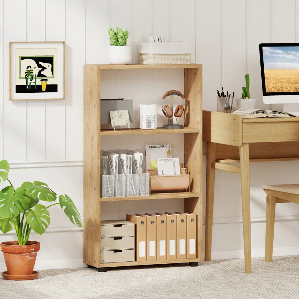 3-Tier Bookcase 42 inch Tall Book Shelf with Anti-Tipping Kit-Brown - Brown - Bookcases