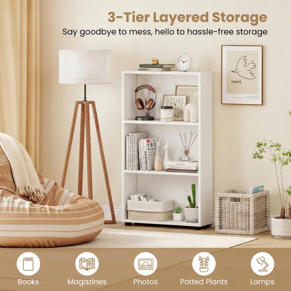 3-Tier Bookcase 42 inch Tall Book Shelf with Anti-Tipping Kit-White - White - Bookcases